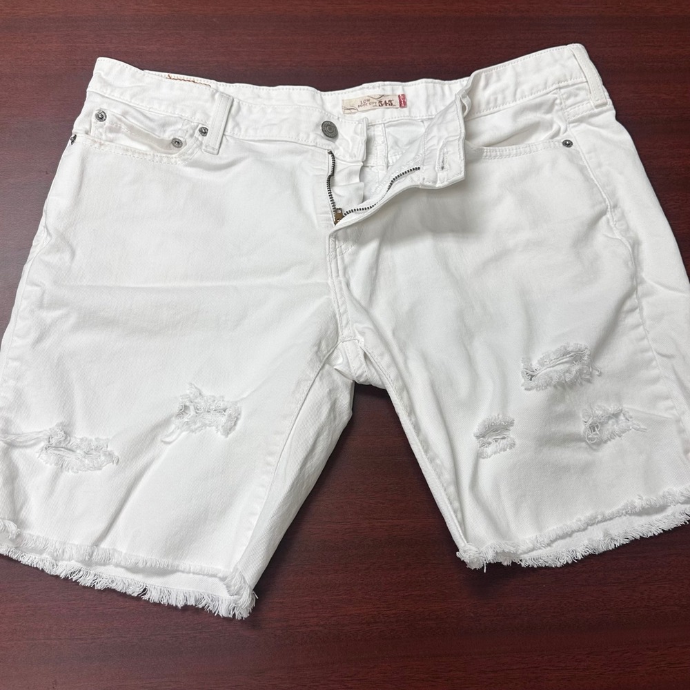 Levis 545 Low Bootcut Shorts Women 12M White Distress Frayed Hem Cutoff FLAW